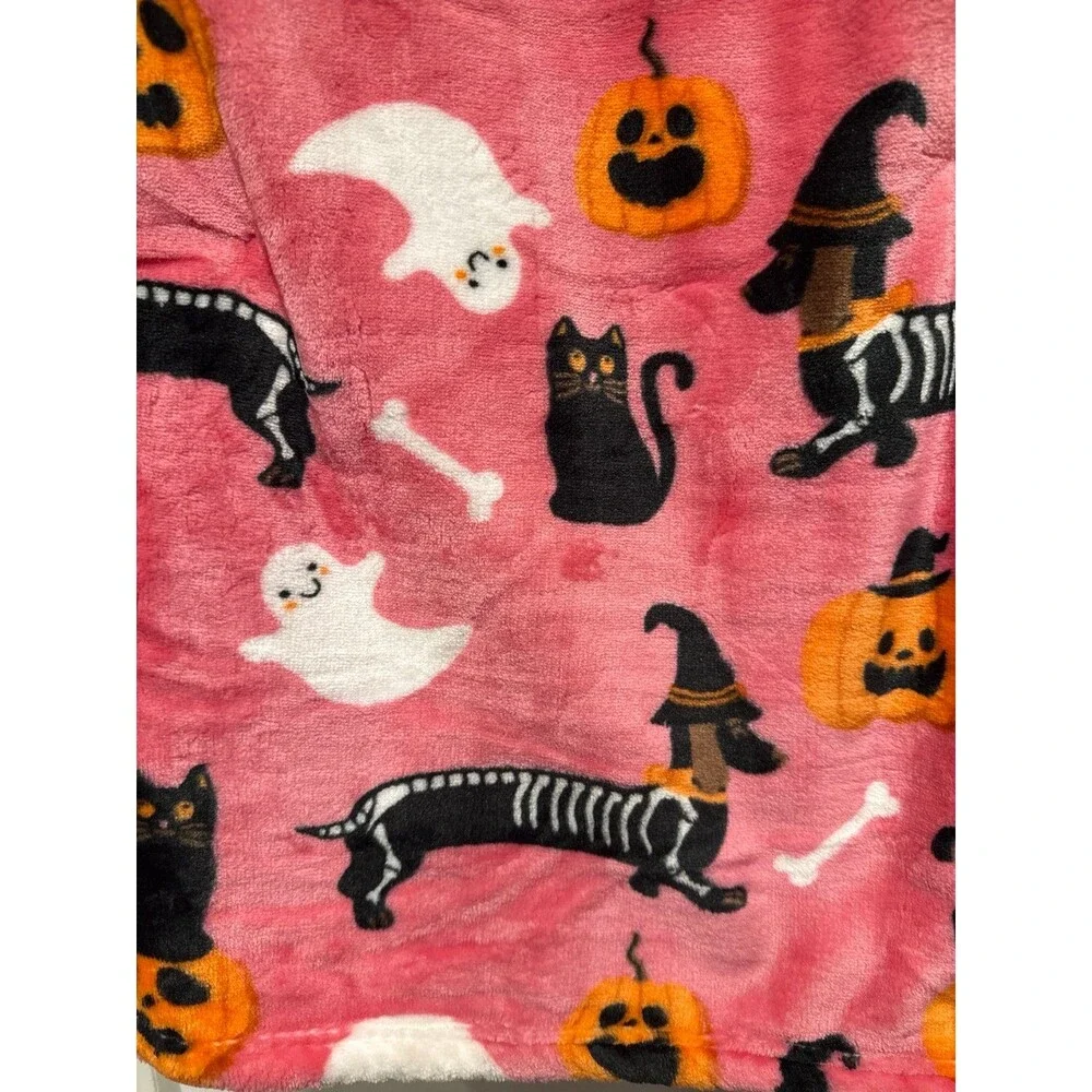 Dachshund Doxie Pink Halloween Print Plush Throw Blanket -Pickle & Dot